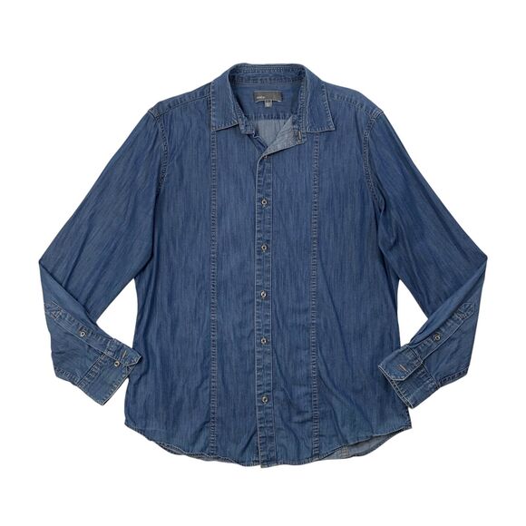 Vince Shirt Mens L Large Blue Chambray Long Sleeve Button Up Cotton Denim Travel - Picture 1 of 9